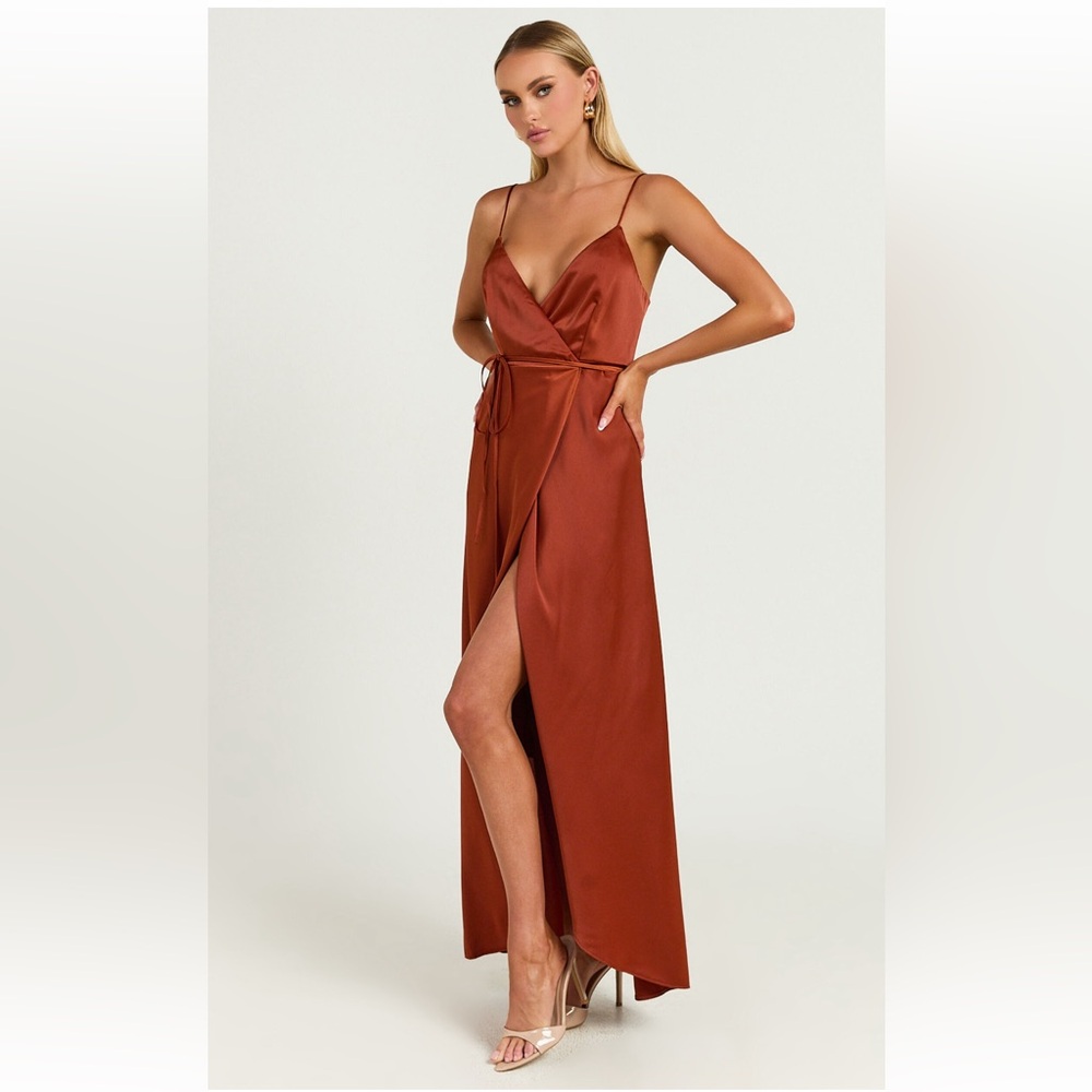 Satin copper wrap dress - Picture 3 of 7